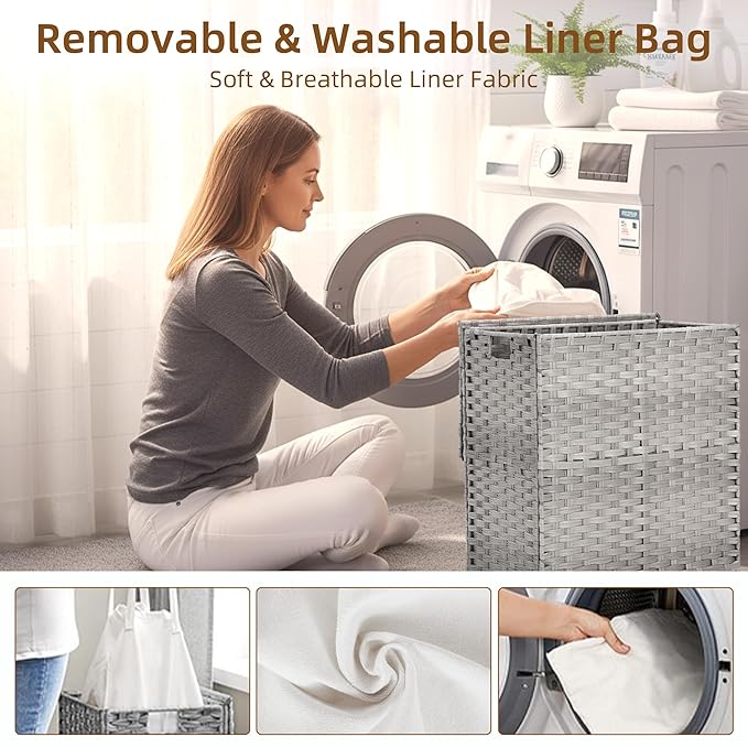 Woven Laundry Basket with Lid, Large Hamper with Removable and Machine-Washable Liner, Foldable Rattan Clothes Hamper, Sturdy Steel Frame, Odor Control, 110L Capacity, Dove Gray