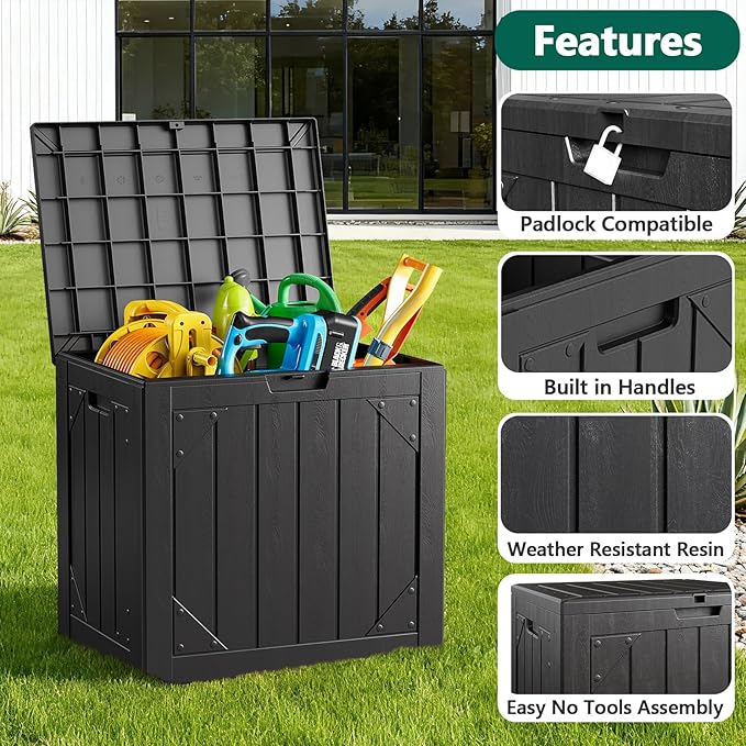 Outdoor Storage Box, 30 Gallon Deck Box Outdoor Storage Bench Outside Waterproof Resin Storage Bench, Lockable Patio Cushions, Garden Tools Storage For Furniture, UV Resistant(Black)