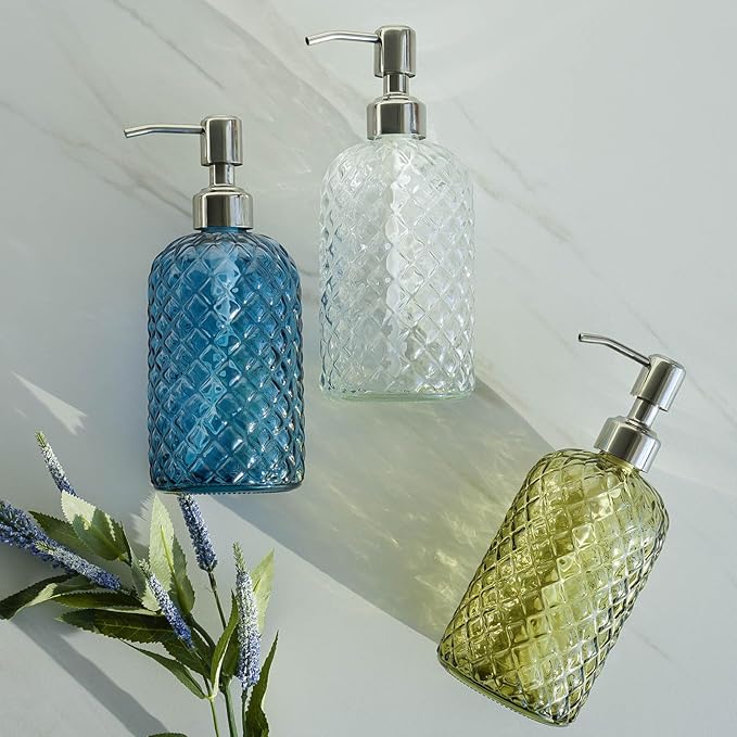 JASAI 18Oz Gem Patterned Glass Soap Dispenser for Kitchen, Refillable Hand soap Dispenser with Rust Proof Stainless Steel Pump, Clear Soap Dispenser Bathroom for Dish Soap, Hand soap, Lotion(Blue)