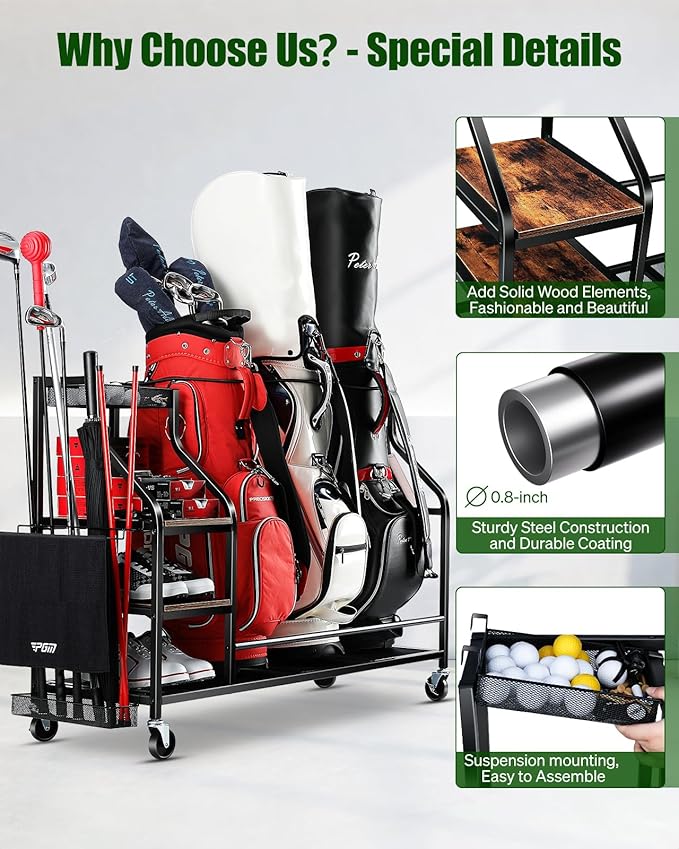 Golf Bags Storage Garage Organizer- Golf Bag Stand for Golf Bags, Clubs, Balls, Golf Equipment Accessories, Golf Bag Storage Rack with Wheels for Garage, Club, Basement