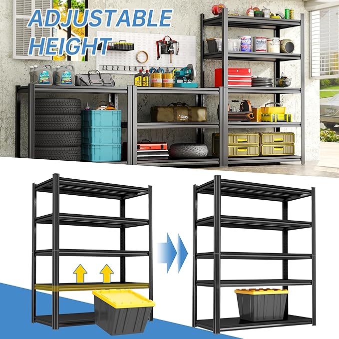 Garage Shelves,40''W Heavy-Duty Storage Shelves, Double-Layer Uprights, Thickened Shelves, Waterproof &Rustproof, Suitable for Indoor & Outdoor Use. (Black, 40''W*20''D*72''H, 5-Tier)