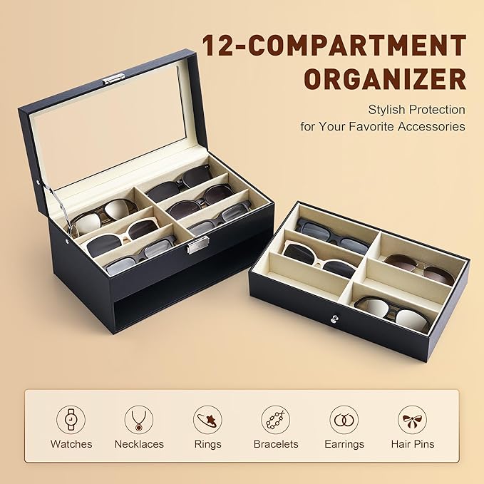 CO-Z Sunglasses Organizer with 12 Slots, Multiple Eyeglasses Eyewear Display Case for Women Men, 2 Story Leather Multi Sunglasses Jewelry Collection Holder with Drawer