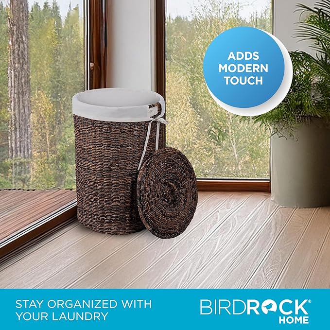BIRDROCK HOME Seagrass Laundry Hamper with Lid & Liner - Handwoven Round Basket with Handles for Laundry/Dirty Clothes - Organizer, Storage, Shelves, Bin in Bathroom, Bedroom & Laundry Room - Espresso