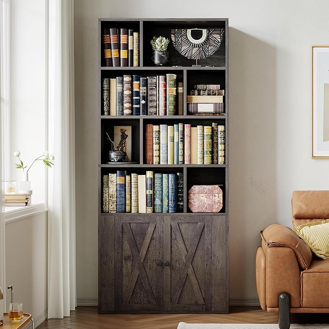 IRONCK Bookcase with Doors, Tall Bookshelf with Storage, Bookshelves and Bookcases with 8 Open Cubes for Living Room, Bedroom, Office