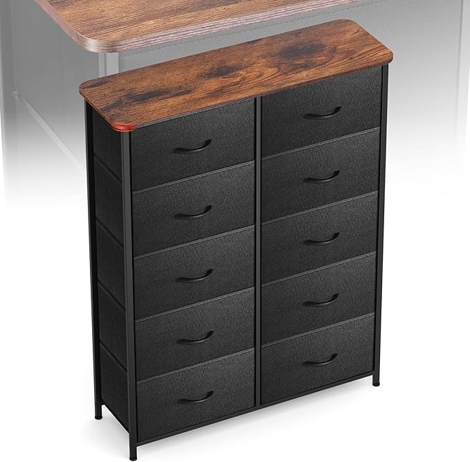 Curved Profile Dresser for Bedroom, Chest of Drawers, 10 Storage Drawers Organizer Unit, Black Dresser with Fabric Bins for Closet, Living Room, Kid Room (Black and Rustic Brown)