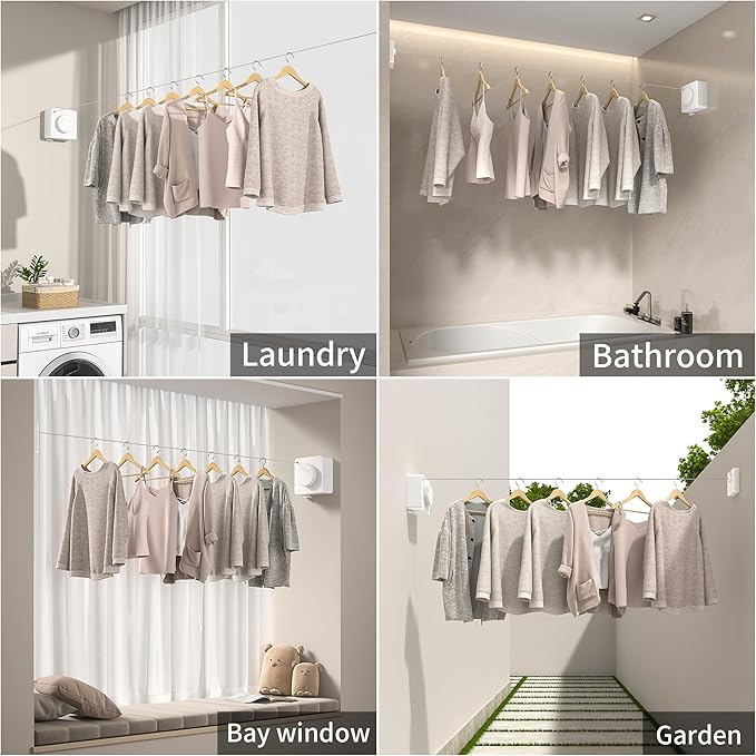 JOOM Retractable Clothesline Heavy Duty Clothes Drying Laundry Line Wall Mounted Easy Hanging Clothes Drying Laundry Line Retracting Hanging Lock to Prevent Sagging (Square,White)