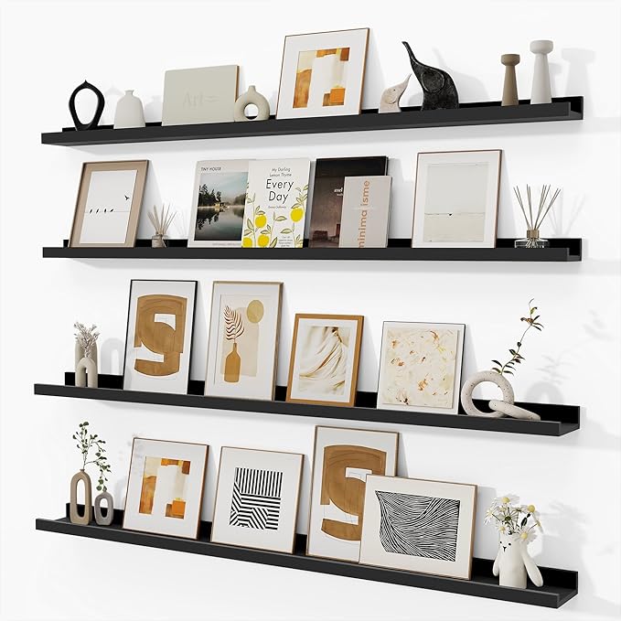 Fun Memories Picture Ledge Shelf, Black Floating Shelves Set of 4, 48 Inch Picture Shelves for Wall with Ledge, Large Nursery Book Shelf for Toys Storage, Living Room, Bedroom Decor Frames
