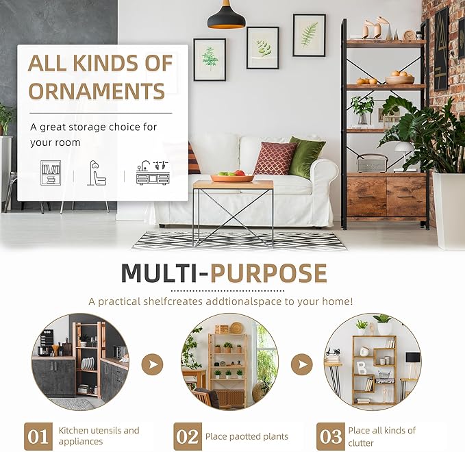 Vongrasig 5 Tier Bookshelf with 2 Drawers, Industrial Tall Bookcase, Modern Display Bookshelves Wood and Metal Shelf, Free Standing Storage Organizer for Office, Living Room, Brown