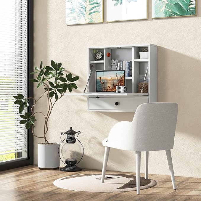 Tangkula Folding Wall Table - Floating Desk with Storage Drawer & Shelves (White)