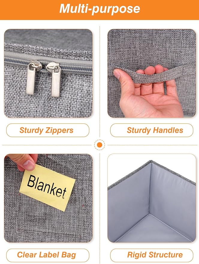 60L Blanket Storage, Comforter Storage Bag With Rigid Side & Bottom Support, Stackable Clothes Storage Bin For King Size Comforters Sweater Bedding Quilt Pillow Closet Organizer,21.7x14.2x11.8in,2Pcs