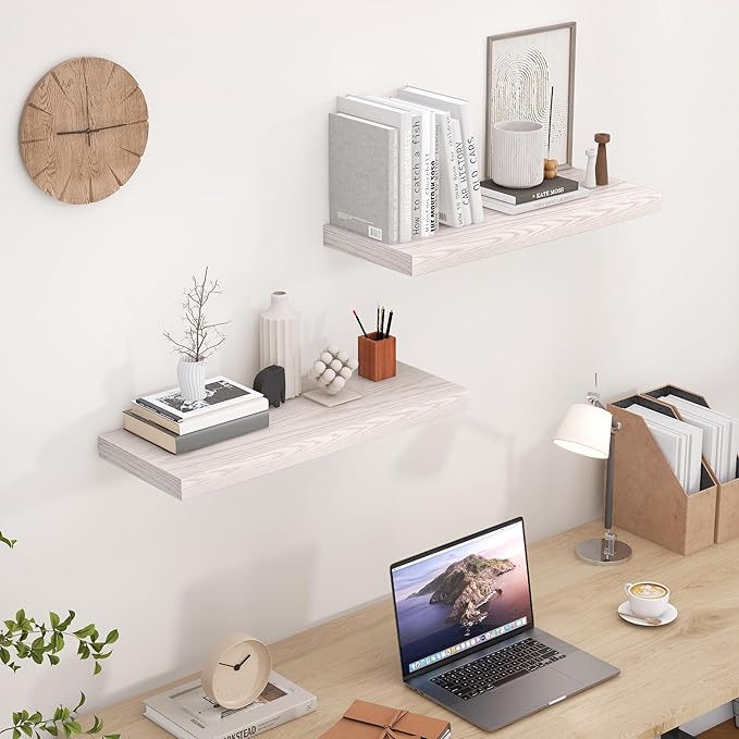 24 Inch Floating Shelves for Wall 2 Pack for Bedroom|Kitchen|Bathroom, Wall Mounted Rustic Wood Shelves, 9.3 Inch deep Floating Shelf with Invisible Brackets for Books|Storage|Decor,Brich