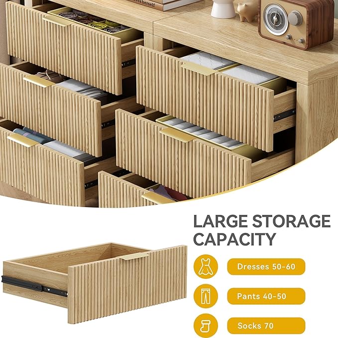 6 Drawer Dresser, Modern Wood Storage Chest of Drawers Organizer with Waveform Panel, Fluted Dresser with Wide Drawers and Golden Handles for Bedroom, Hallway, Entryway, Nature