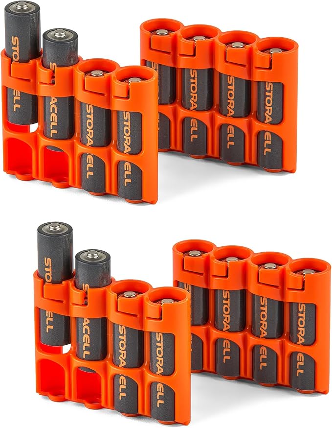 Storacell Slimline AA-4 Battery Storage Caddy and Dispenser (Pack of 4), Orange, Holds 4 AA Batteries (Not Included), Durable & Compact Design, The Original Battery Caddy, Made in The USA