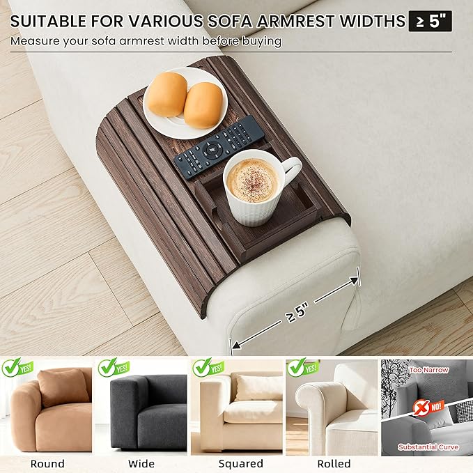 Bamboo Sofa Arm Tray Table, Foldable Couch Cup Holder, Anti-Slip Wide Couch Arm Tray Aremrest Table for Drink, Cup, Remote, Snacks, Cellphone, Portable, Brown