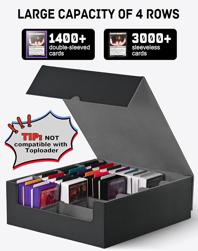 ZLCA Card Storage Box for MTG PTCG, Commander Deck Box Holds 3200+ Cards, Trading Card Storage Case with 4 Stoppers, Card Organizer for TCG Sport Cards(Black)