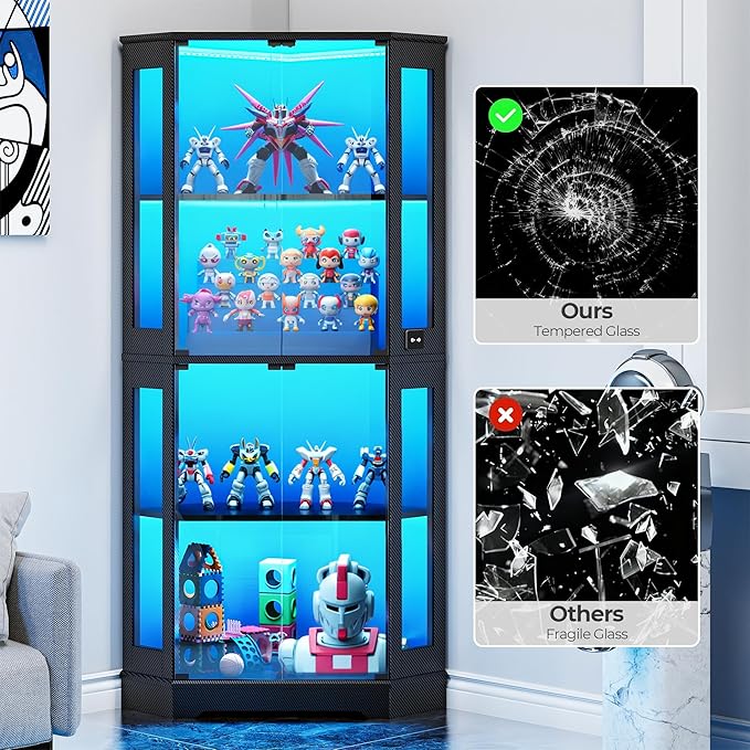 IRONCK 71 Inch Carbon Fiber Corner Glass Display Cabinet with Human Body Sensor & 6-Color LED Lights, 4-Tier Tempered Glass Display Case with 2 Adjustable Shelves for Collectibles, Toys, Black