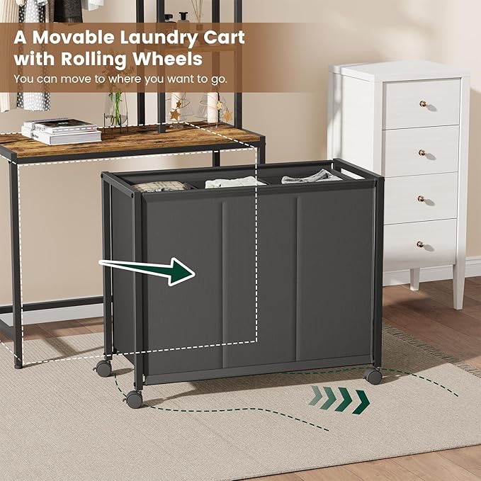 Laundry Hamper with 3 Section Rolling Bags and Shelf, 4 Tiers Tall Laundry Basket Sorter for Organization and Storage, Clothes Rack with Laundry Sorter for Laundry Room Bathroom Bedroom, Rustic Brown