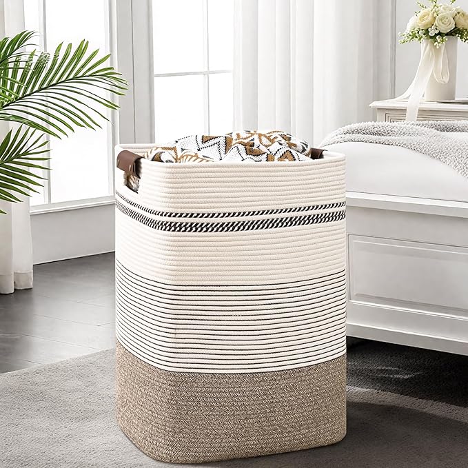 Laundry Hamper, 85L Tall Laundry Basket with Leather Handles, Rectangle Large Clothes Hamper for Organizing, Cotton Woven Laundry Baskets Storage Hampers for Bedroom, Nursery, Living Room