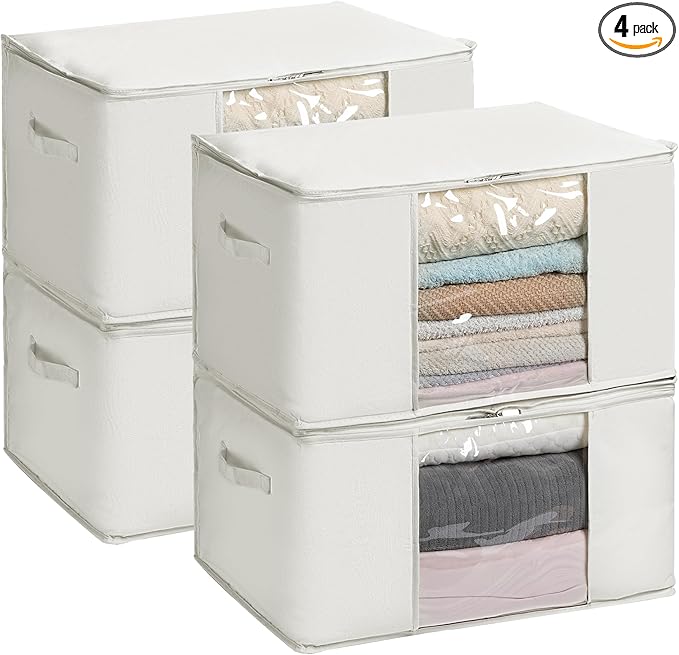 TYEERS Large Storage Bags with Zipper and Clear Window, Cotton Blended Fabric Storage Containers for Seasonal Clothes and Bedding, 23.6x15.7x13.8 Inches, 4-Pack, Beige