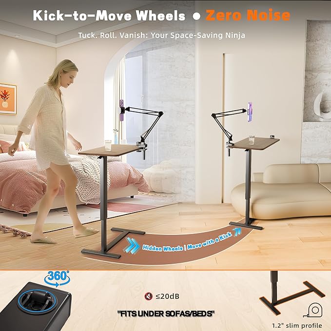 Overbed Bedside Table with Wheels, Adjustable Hospital Bedside Desk, Rolling Laptop Table, Mobile Standing Desk, Laptop with Cup Holder & Phone/Tablet