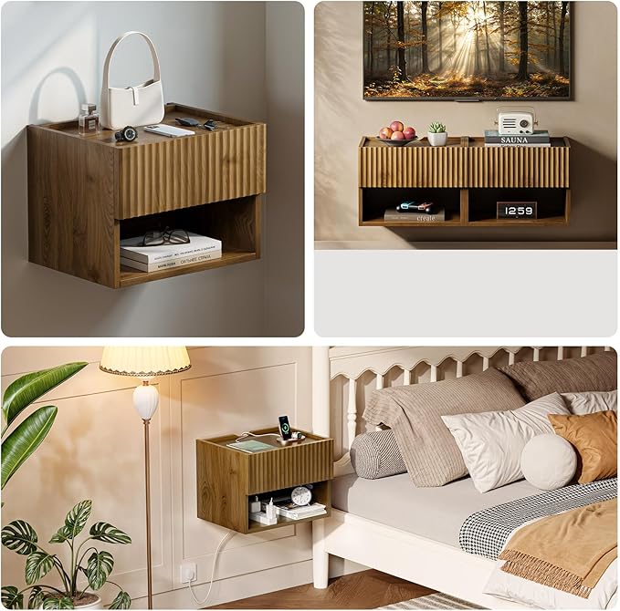 Floating Nightstand Bedroom Bedside Table - Floating Night Stand Set 2 for Small Spaces, Wall Mounted Cabinet with Storage Drawer, Brown Modern Night Stand for Dorm Hallway Entryway