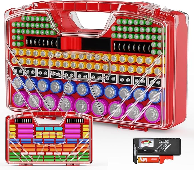 Battery Organizer Storage Holder Box Case with Tester - 285 Batteries Double-Sided Variety Pack, Holds AA AAA 4A C D Cell 9V 3V Lithium LR44 CR2 CR123 CR1632 18650 Button