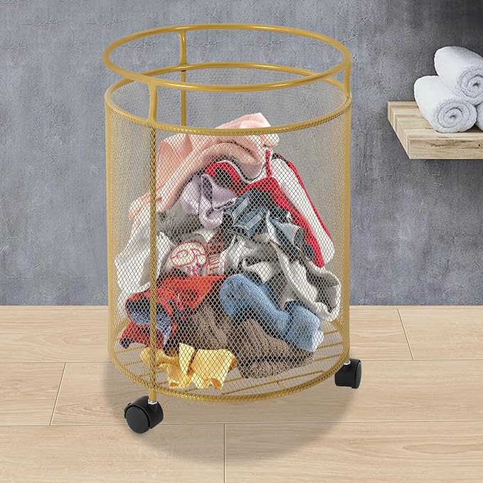 Laundry Hamper with Wheels,Round Metal Laundry Basket Cart,Portable Laundry Hamper Sorter Cart,Bathroom Dirty Clothes Basket Toy Storage Basket (Gold)