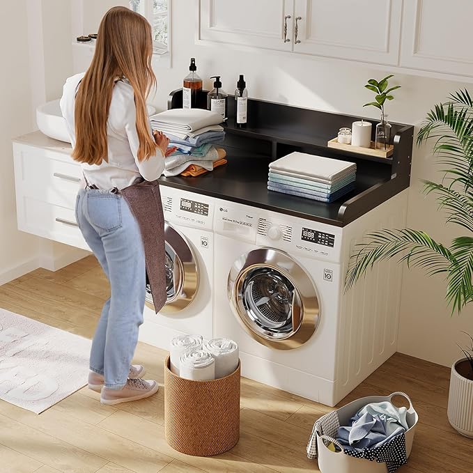 2-Tier Washer Dryer Countertop with 2.75"H Edge Rails, 54" W x 27.55" D Laundry Countertop for Folding Clothes, Washer and Dryer Topper with Non-Slip Pad (Black)