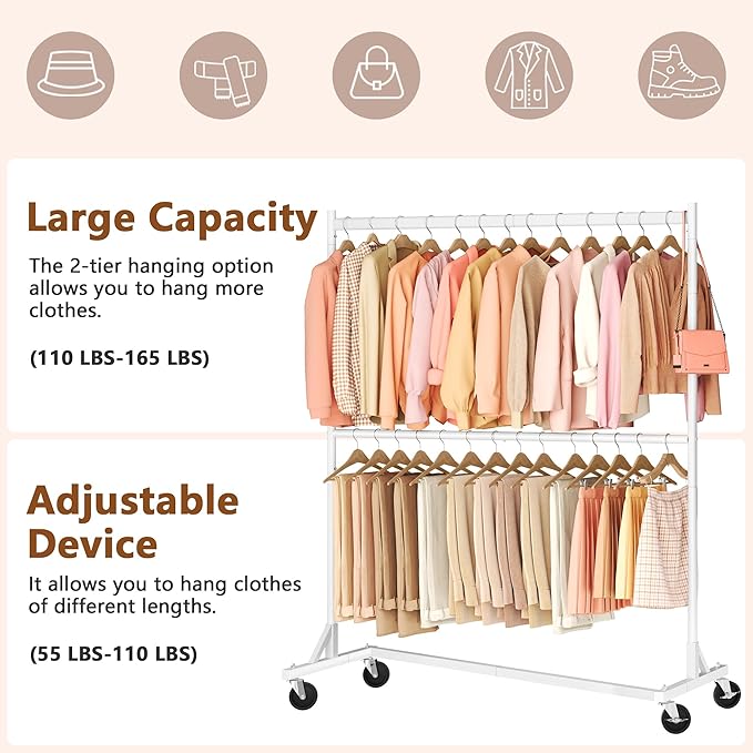 Hoctieon Double Rod Clothes Racks with Z-Base, Adjustable Clothing Rack, Standing Clothes Rack, Metal Clothing Racks for Hanging Clothes, Rolling Garment Rack, White