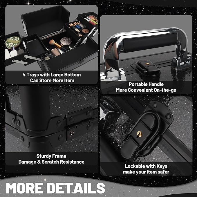 Large Makeup Train Case Cosmetic Organizer Case Makeup Box Portable Make Up Artist Travel Case with 4 Trays with Dividers Lockable Hard Train Case Nail Tech Supply Storage - Starry Black