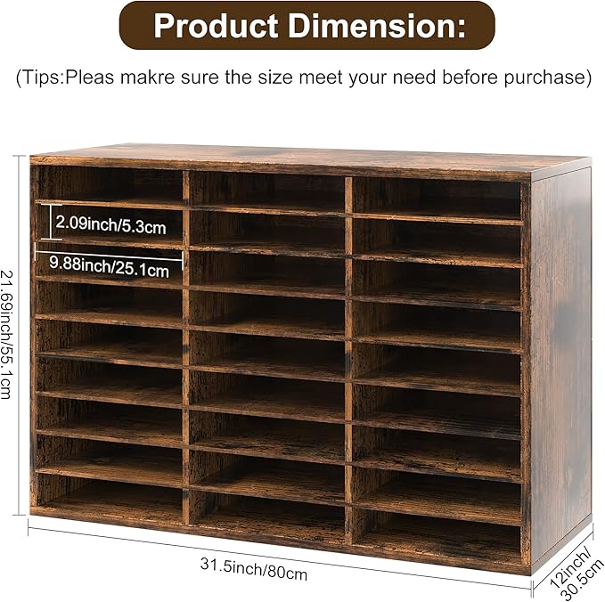 Literature Organizer 27 Slots Wooden Mailboxes for Classroom Office Mail Organizer Countertop Vertical File Sorter with Adjustable Shelves Heavy Duty Office Mailbox Cubbies, Rustic Brown