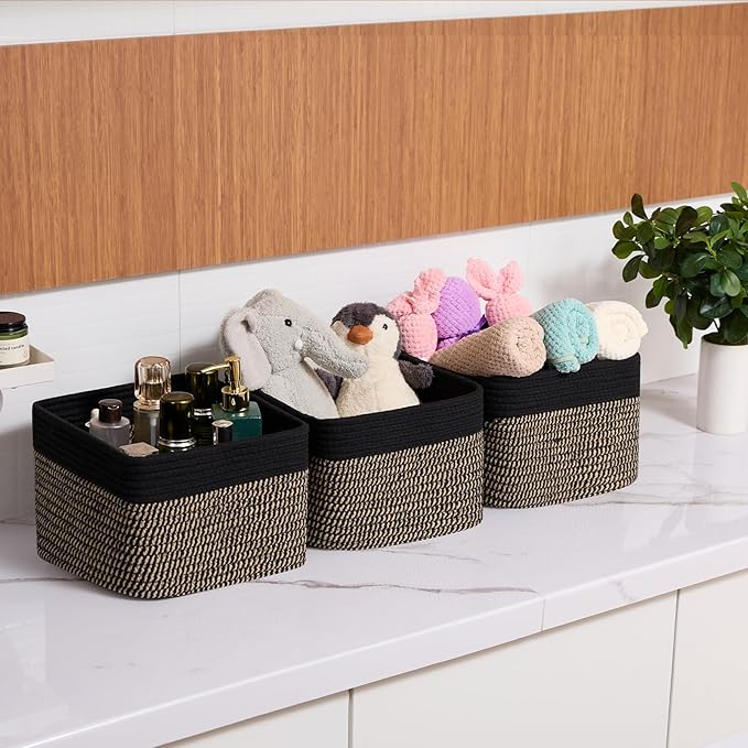 Small Organizing Baskets for Cubes Shelf, 9.7x9.7x7.1 Inch Rope Woven Storage Bins for Nursery Shelves Storage, Cute Toy Basket, Square 3 Packs Black Brown