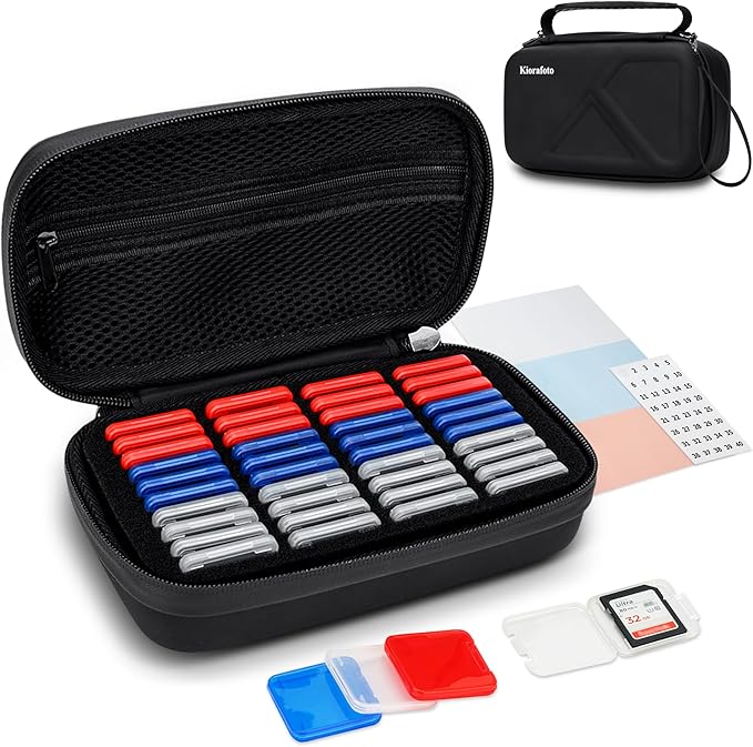 EVA PU SD Card Case with 40 PCS Individual Plastic Memory Card Holder for 40 SD SDXC SDHC Cards,Dual Protect Water-Resistant Anti-Shock SD Card Carrying Case Organizer with Handle & Labels