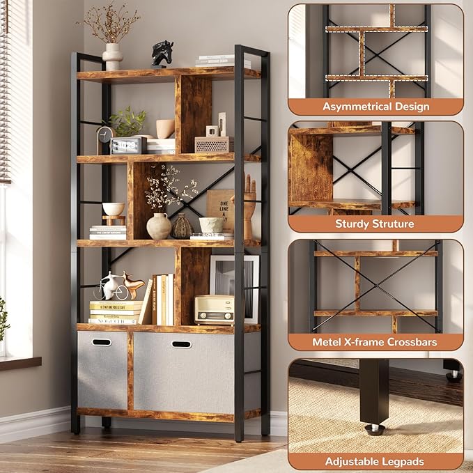 Armocity Bookshelf with Drawers - 5 Tier Tall Bookcase Geometric Modern Book Shelf Display Standing Bookshelves with Storage for Living Room, Bedroom Home Office, Rustic Brown