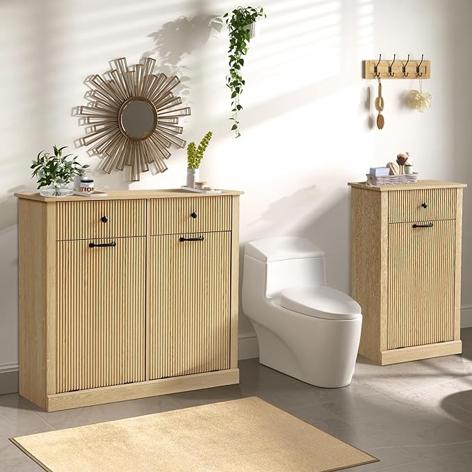 Grepatio Tilt Out Fluted Laundry Hamper Cabinet, 11 Gallon Hidden Laundry Hamper, Wooden Trash Can Cabinets with Drawer, Modern Garbage Can Cabinet for Bathroom, Kitchen, Living Room (Natural, Single)