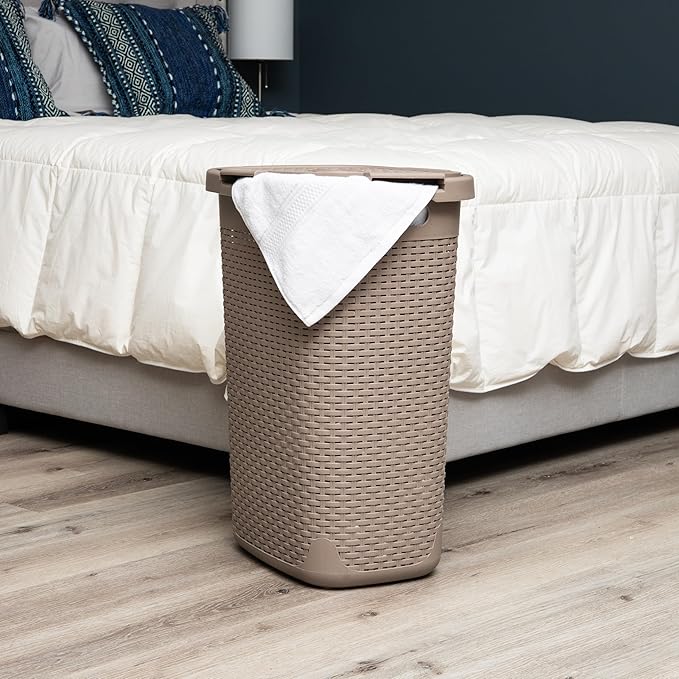 Mind Reader Slim Laundry Hamper with Lid, 60L Clothes Basket, Premium Wicker Design, Plastic, Tan