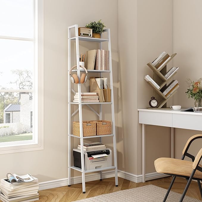 Hoctieon 5-Tier Industrial Ladder Bookshelf, Narrow Ladder Shelf, Tall Standing Bookshelf, Skinny Open Ladder Shelf, for Living Room, Home Office, Kitchen, Bedroom, Metal Frame, White