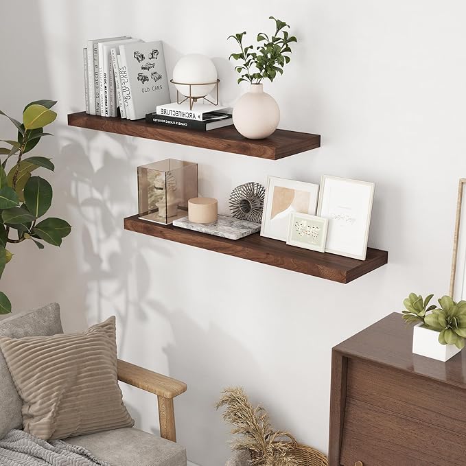Fun Memories 40 Inch Floating Shelvese, 40" W x 9.3" D Floating Shelf Set of 2, Farmhouse Wood Wall Shelves for Bedroom, Kitchen, Wall Mounted Deep Shelving for Home Decor, Walnut Color