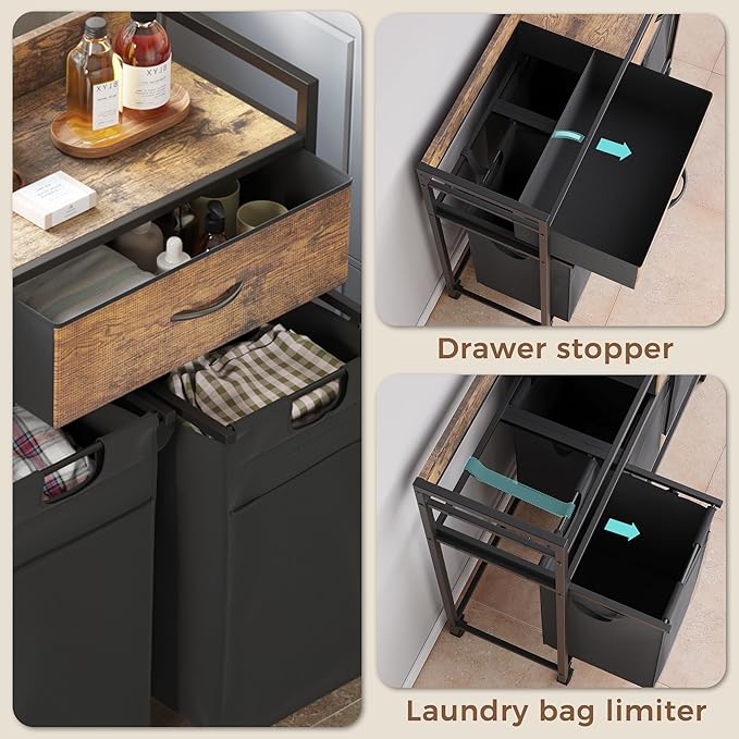 Laundry Hamper baskets 3 Section with 2 Drawers, 150L Laundry Sorter with Wheels Pull-Out Removable Laundry Bags, Rustic Brown and Black
