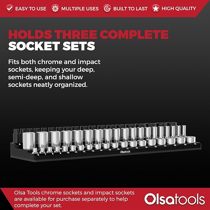 Olsa Tools Magnetic Socket Organizer (3/8-Inch Drive, 3 Row) - Magnetic Tool Organizer & Socket Holder - Tool Box Socket Organizers - Metric Black - Holds 54 Sockets - Professional Grade - Part: 1553