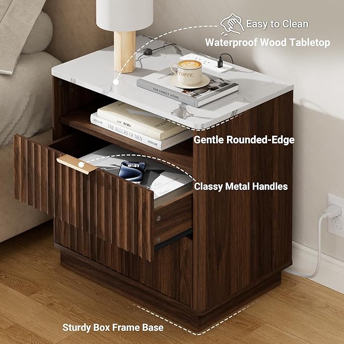 Large Fluted Night Stand with Charging Station, 23" Modern End Table with Faux Marble Top, 2 Drawers Nightstand with Storage, Side Table for Bedroom Living Room, Curved Profile (Walnut)