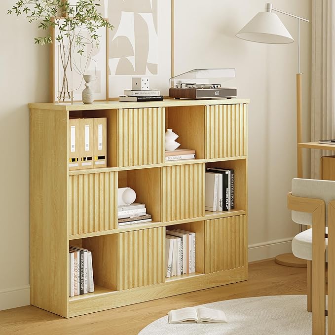 iPormis 12 Cube Bookcase with 6 Fluted Sliding Doors, 3 Tier Wooden Bookshelf, 47.2” Freestanding Cube Storage Organizer for Living Room, Office, Bedroom, Semi-Open Bookshelves, Natural