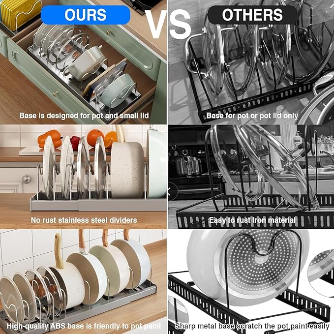 Pots and Pans Organizer Under Cabinet, 22" Expandable Food Storage Container Lid Organizers with 9 Adjustable Dividers Pot and Pan Lid Holders Rack Inside Cabinet/Countertop(1 Pack, Gray)