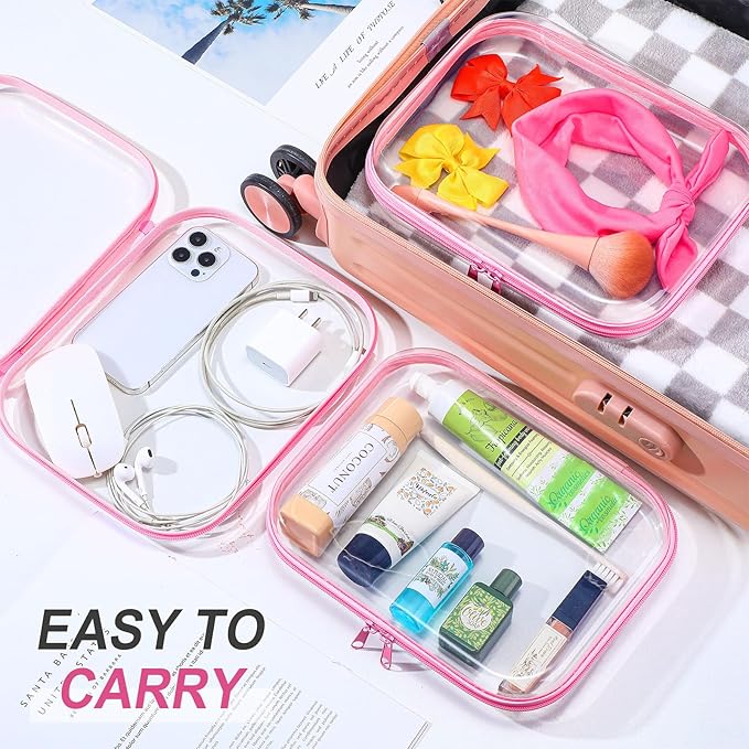 Sanwuta 6 Pcs Clear Hard Zipper Case Hard Plastic Zipper Pouches Transparent Makeup Bag Pencil Pouches for Travel Snacks Christmas Trinket Storage Organizer Box(Pink,9.84 x 7.87 x 2 Inch)
