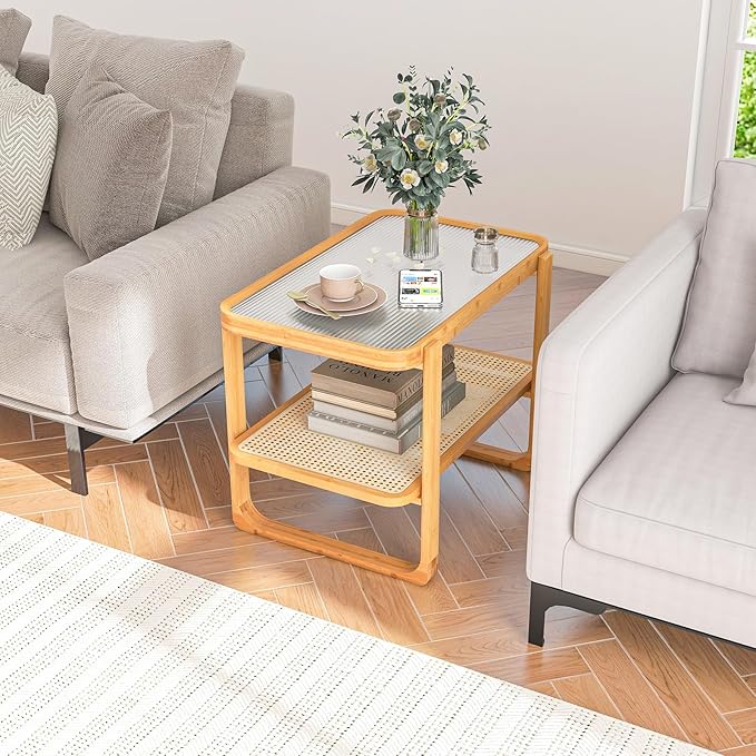 GOFLAME Bamboo Side Table with Glass Top, 2-Tier End Table with PE Rattan Storage Shelf, Home Sofa Side Table, Nightstand Bedside Table, Compact Coffee Table, Accent Table for Bedroom Living Room