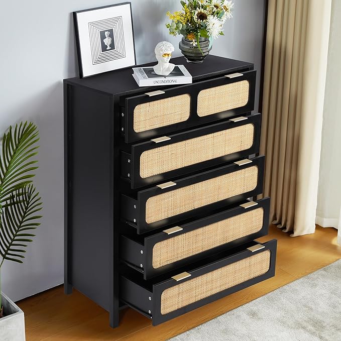 5 Drawer Dresser with Rattan Finish, Modern Farmhouse Chest of Drawers with Metal Handles, Accent Wood Storage Cabinet for Bedroom, Living Room (Black)