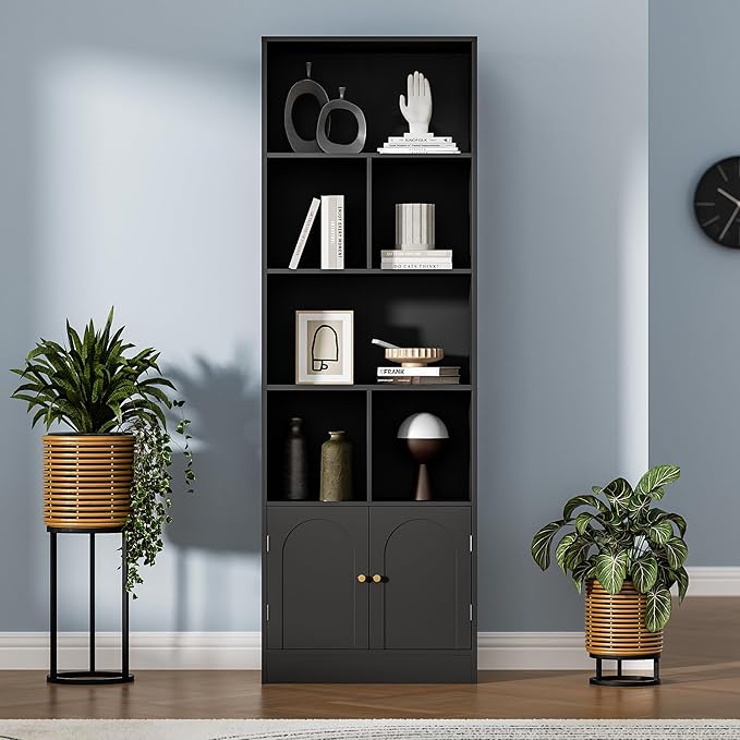 71" Tall Bookshelf with 6 Cubes and 2 Doors, 4-Tier Bookshelf, Open Shelf Bookcase with Cabinet, Modern Cube Storage Organizer for Living Room, and Office, Black