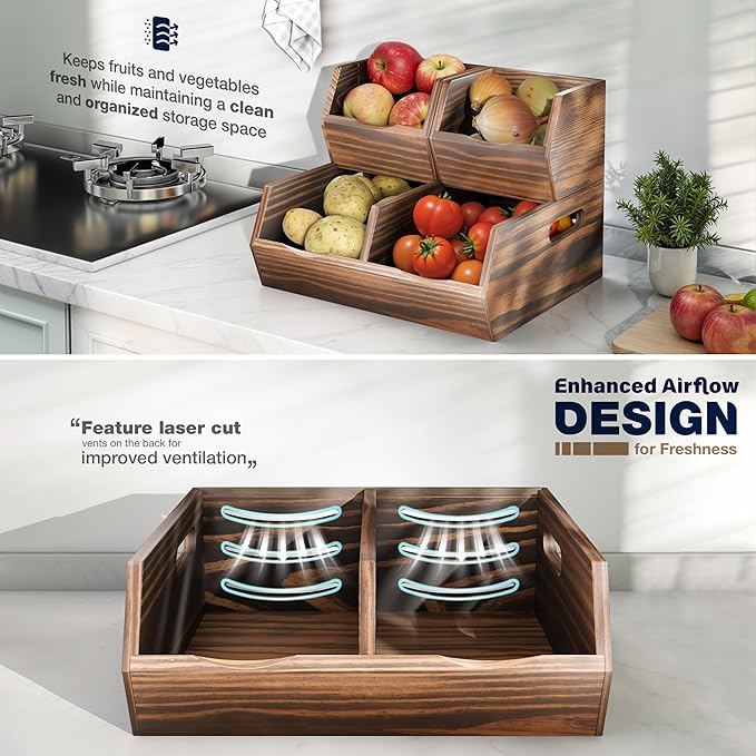 Acacia Wood Pantry Storage Bins – Stackable Open Front Kitchen Baskets for Potato, Onion, Fruit, Bread & More – Rustic Wooden Basket for Pantry (Walnut - Pine Wood)
