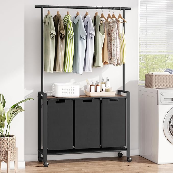 IDEALHOUSE Laundry Sorter, Rolling Laundry Hamper with Hanging Rack, Laundry Hamper 3-Section with Wheels, Hampers for Laundry, Laundry Basket Organizer for Laundry Room, Rustic Brown