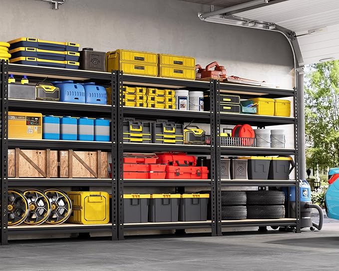 5-Tier Metal Storage Shelves: Heavy Duty Garage Shelving Adjustable Shelves for Storage - Black Utility Rack Shelf for Pantry, Warehouse, Office, Kitchen, 28" W x 12" D x 59" H, 3PCS